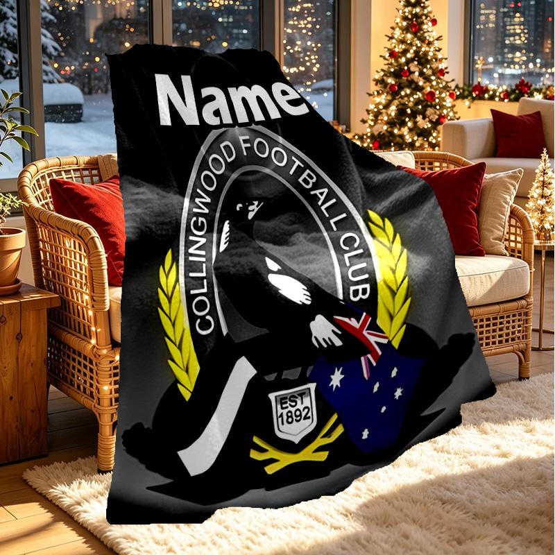 Custom Name Personalized Collingwood Magpies Print Blanket, Home Decor, Bedroom, Sofa, Camping, Couch, Gifts for Birthday ChristmasEnthusiasts