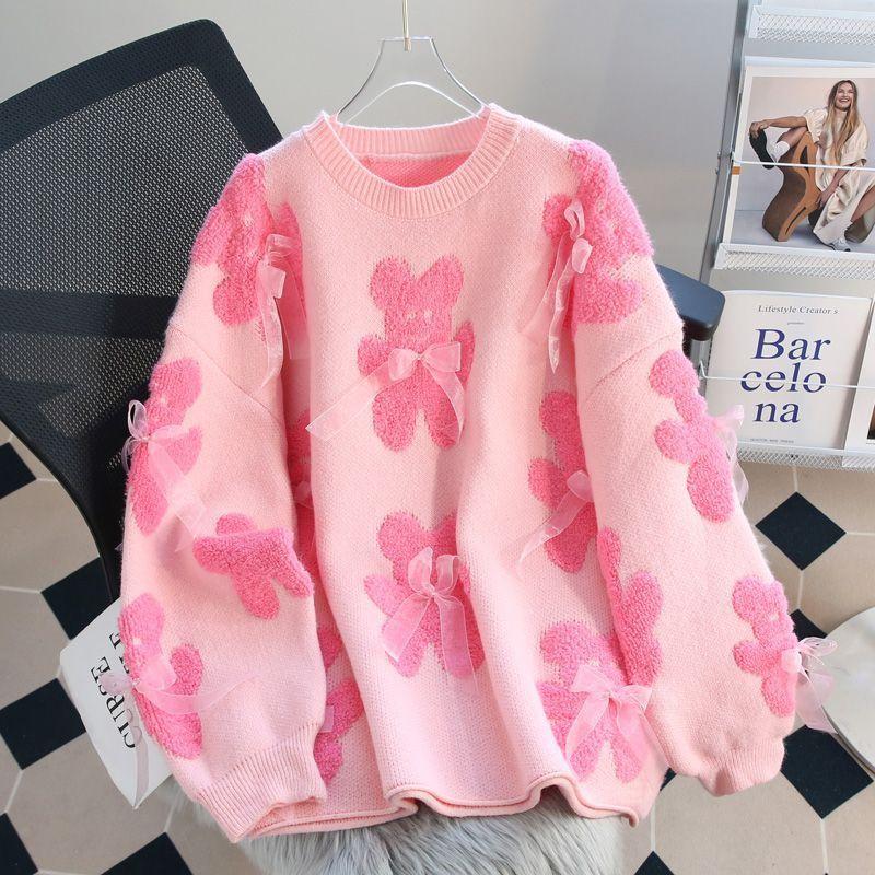 Women's Cute Bow Slouchy Pullover Sweater Fall/Winter Solid Loose Crewneck Long Sleeve Crochet Knitwear Going Out Top Jumper