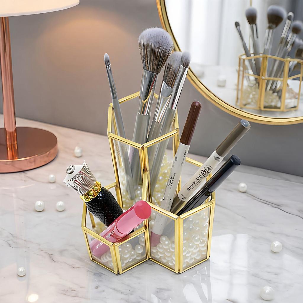 Nordic Style Makeup Brush Holder, Dressing Table Organizer, and Stationery Pen Holder Glass Storage.