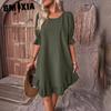 Women's Fashion Summer Spring Solid Color Print O-Neck High Waist Casual Dresses