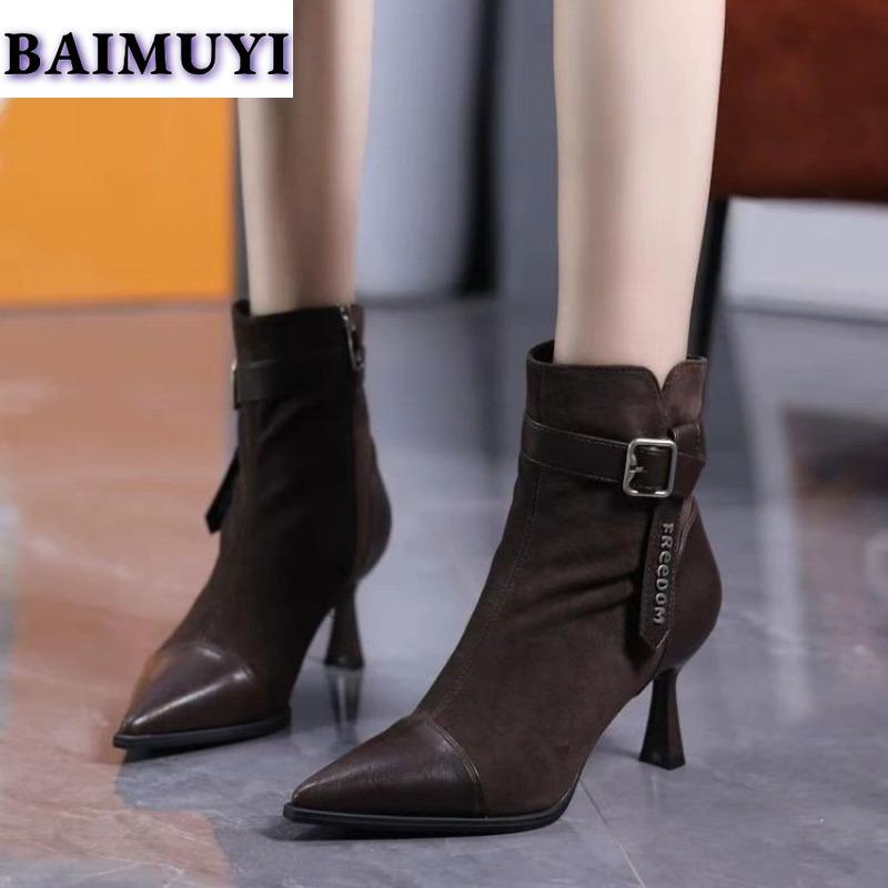 Women Suede Pointed Toe Ankle Boots Dress High Heels Shoes Brand Trend 2025 New Sexy Elegant Gladiator Party Pumps Botas Mujer