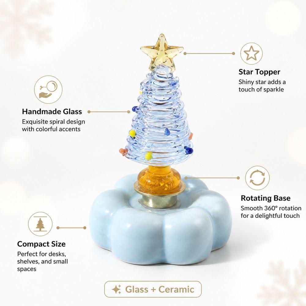Glass Christmas Tree Figurine Ceramic Base Mini Tree Ornament Home Table Decor