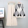 Color Blocking Grid V Neck Knitted Cardigan Fashion Set Elegant And Wide Leg Pants For Women Two Piece Set