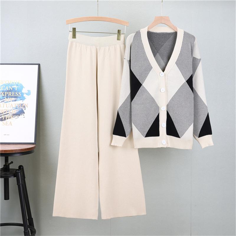 Color Blocking Grid V Neck Knitted Cardigan Fashion Set Elegant And Wide Leg Pants For Women Two Piece Set