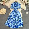 Vintage Robes Puff Short Sleeve Lapel Neck Vestido Wrapped Waist Slim Medium Length A-Line Print Dress