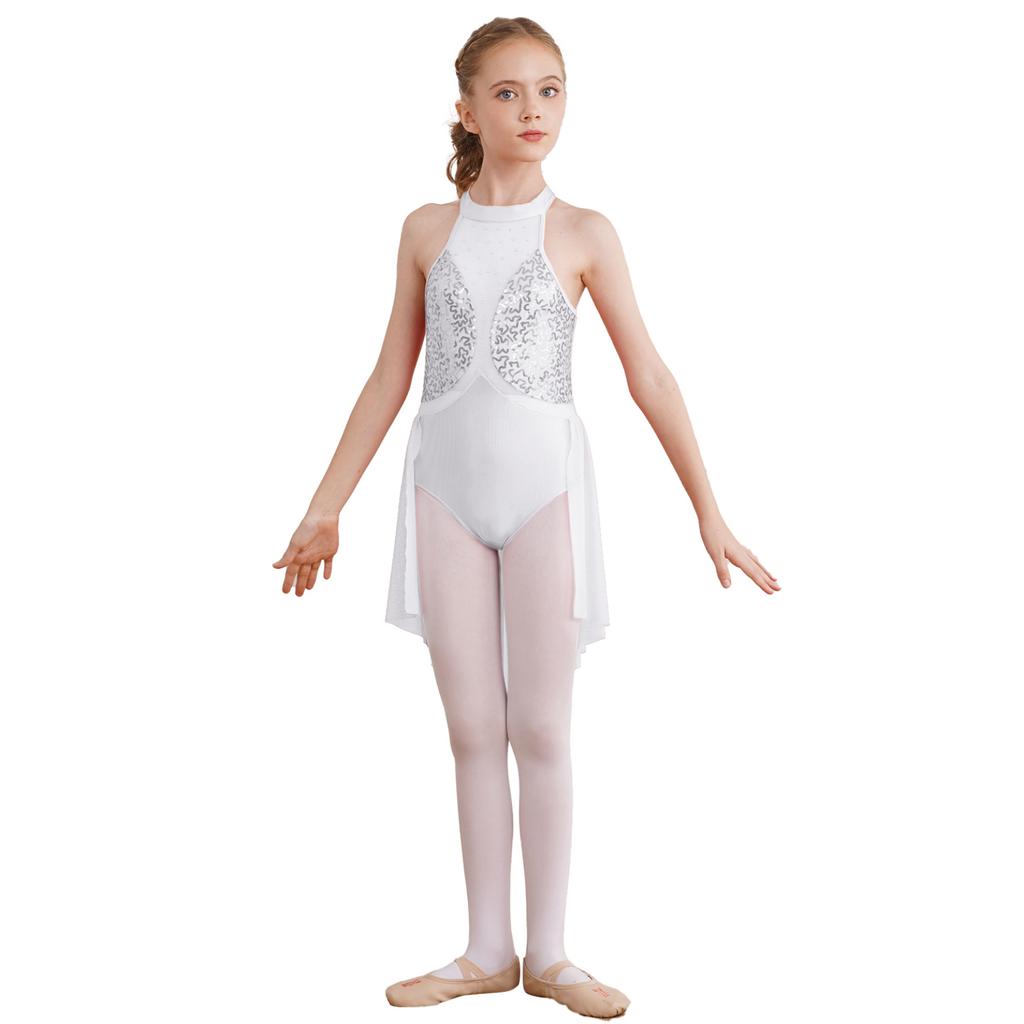 Детское блестящее сетчатое лоскутное трико с блестками для девочек, платье с вырезом на спине, платья без рукавов для фигурного катания, лирическая танцевальная одежда