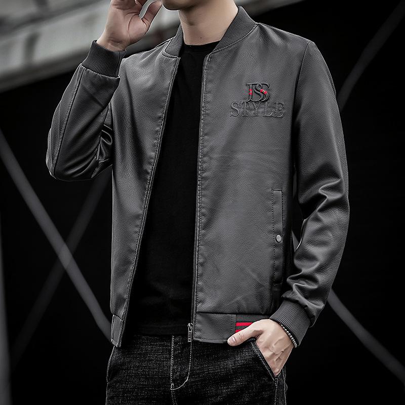 Осенне-зимняя новая мужская облегающая кожаная куртка с бейсбольным воротником, тонкая флисовая молодежная мотоциклетная мужская куртка из искусственной кожи