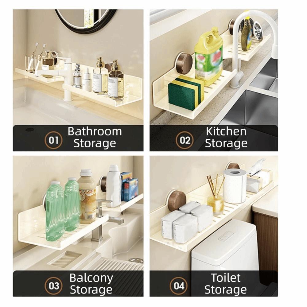 Suction Cup Kitchen Floating Shelf Organizer No-Drill Large Capacity Bathroom Sink Shelf Over Faucet Space-Saving Wall Mounted