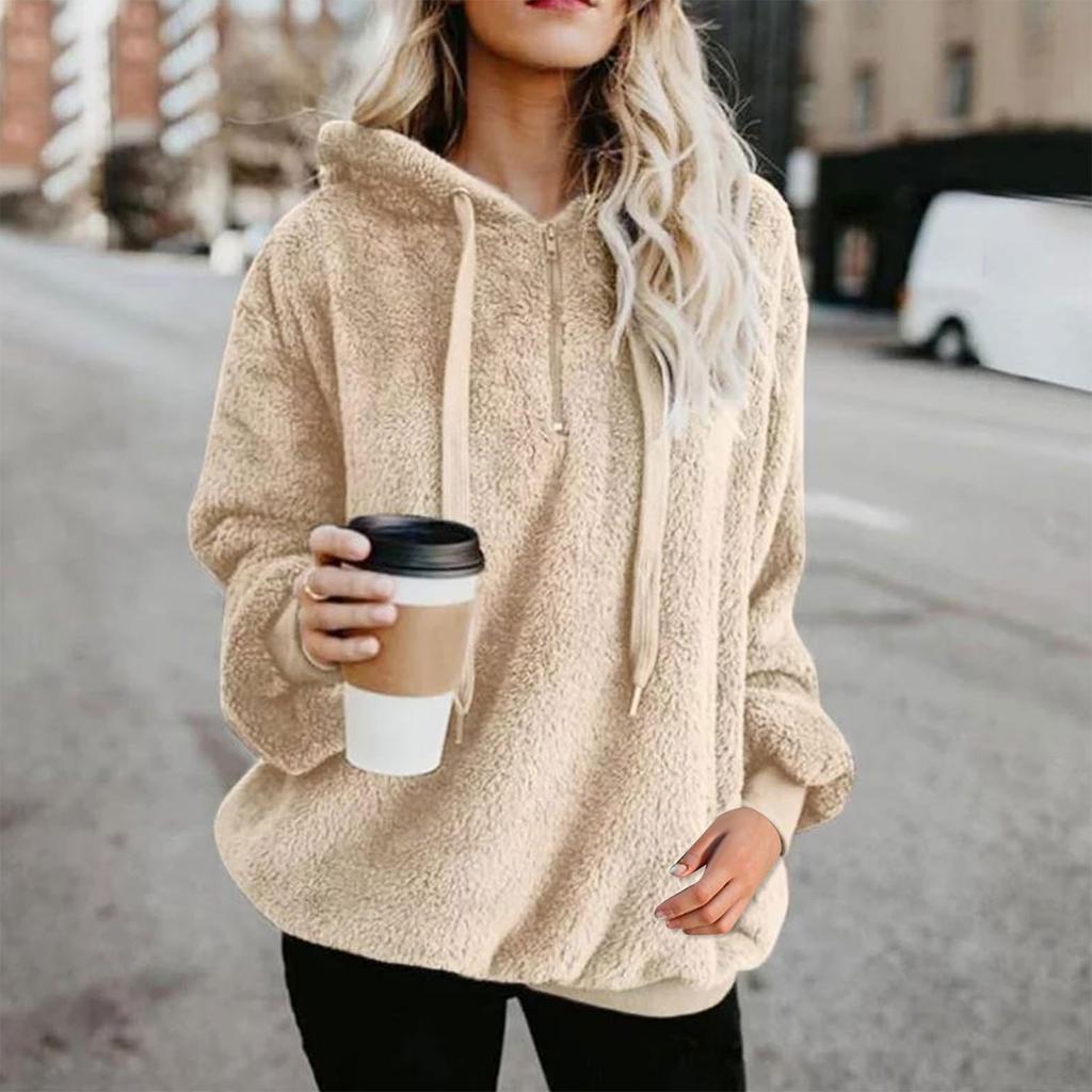 Женская модная однотонная толстовка с капюшоном и длинными рукавами на молнии из плюша