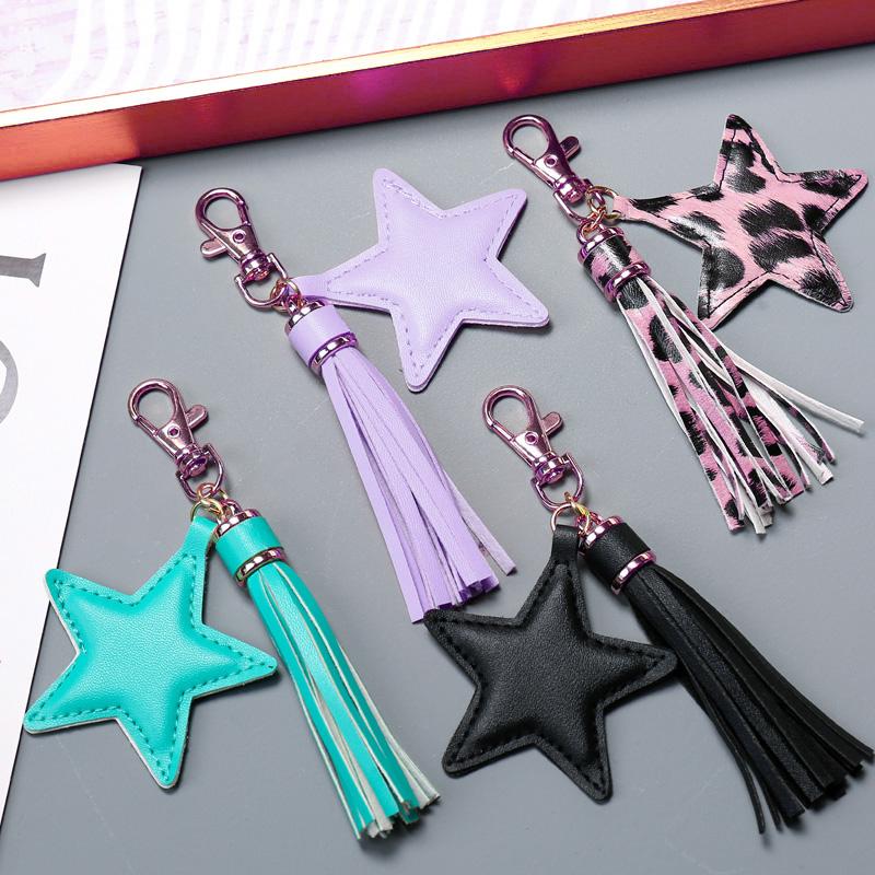 1PC Lobster Clasp Star Keyring Tassel Keychain Bag Pendant PU Leather Key Ring Women Girl