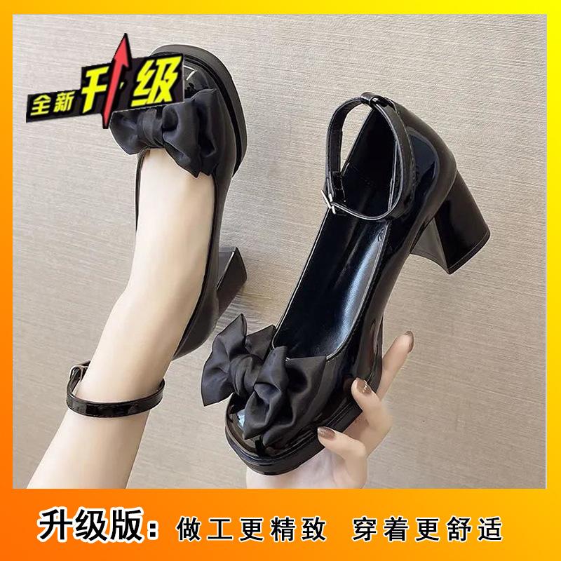 High-heeled Mary Jane Single Shoes Women's Thick Heels 2025 Spring and Summer New French Bow Light Mouth One-word Buckle Small Leather Shoes