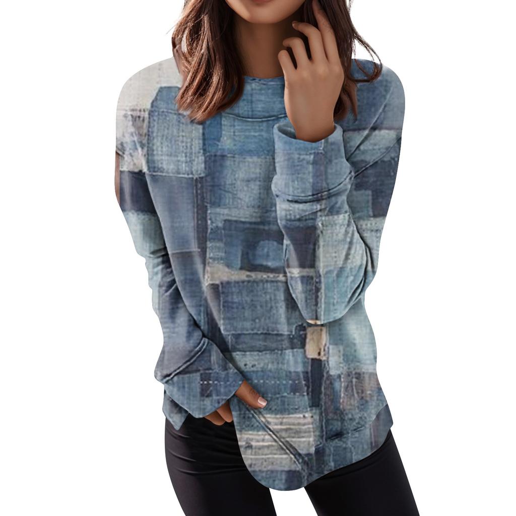 Женские топы с круглым вырезом, хлопковая женская повседневная модная блузка с длинным рукавом и круглым вырезом с цветочным принтом, пуловер