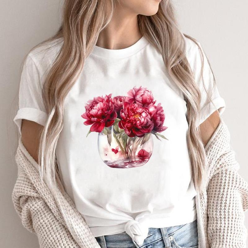 (Азиатский размер) T-shirt с графическим принтом леопардовых цветов для женщин, топ с круглым вырезом, модный принт, повседневные футболки с коротким рукавом