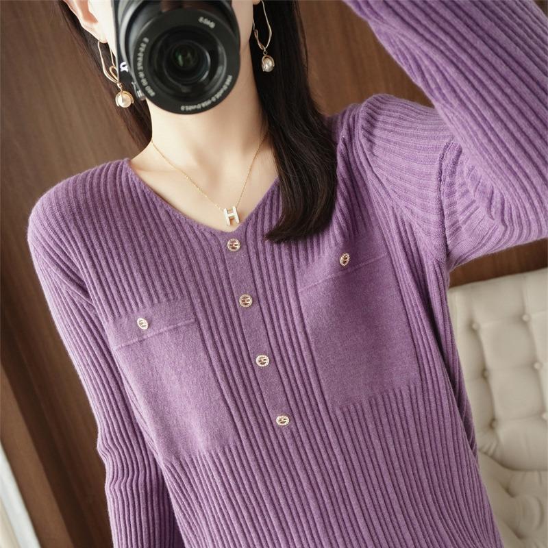 Women V Neck Long Sleeve Basic Knit Pullover Sweater