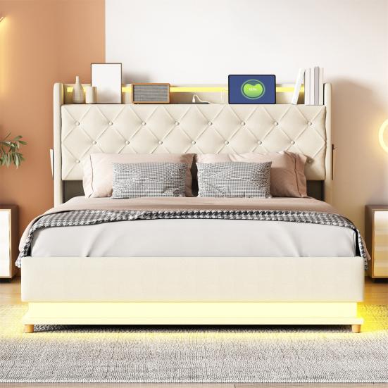 Adult Bed LED Upholstered 140x200cm with USB Charging Connection Double And Hydraulic Storage Skin-Friendly Linen Fabric Gray Children