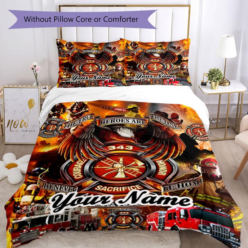 3PC Custom Name Firefighter Tribute Bedding Set Duvet Cover Closure Includes 1 Duvet Cover & 2 Pillowcases for Bedroom