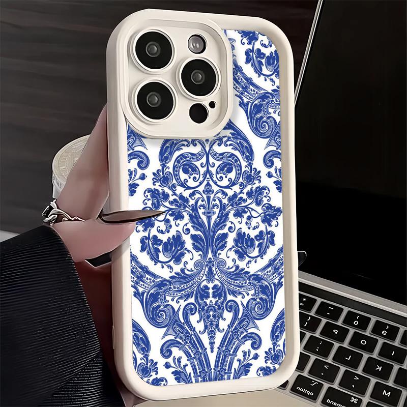 Чехол для телефона iPhone 17 Air 16E 15 16 Pro Max Сине-белый фарфоровый узор Чехол 14 Plus 13 12 Mini Мягкий корпус Силиконовый Забавный