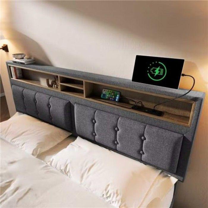 Lit double - MUVOE - 160x200 - Tête de lit capitonnée - Prise USB intégrée