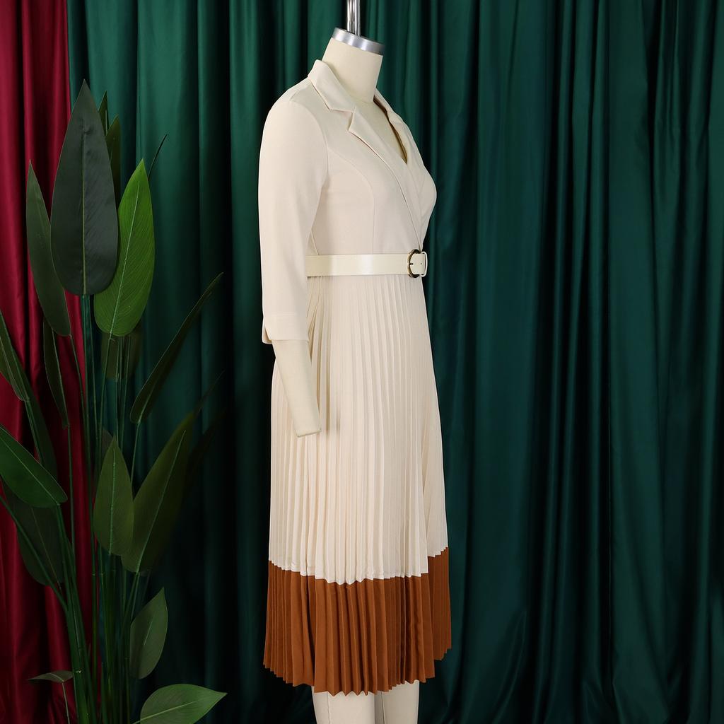 YYFS Женская мода весна осень однотонный принт длинный рукав поло воротник высокая талия повседневные платья