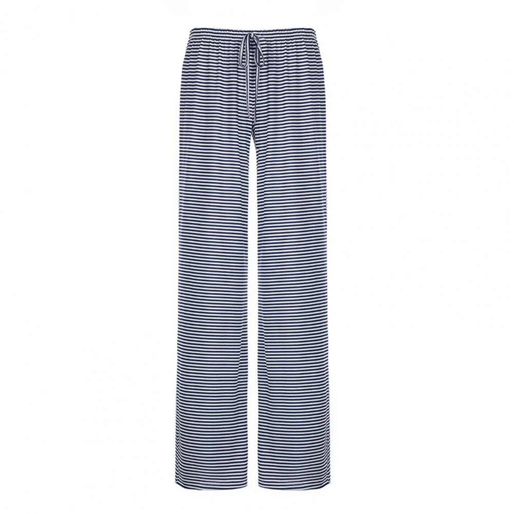 Women Casual Pants Straight Wide Leg Striped Print Long Trousers Adjustable Waist Strap Loose Fit Lounge Pants