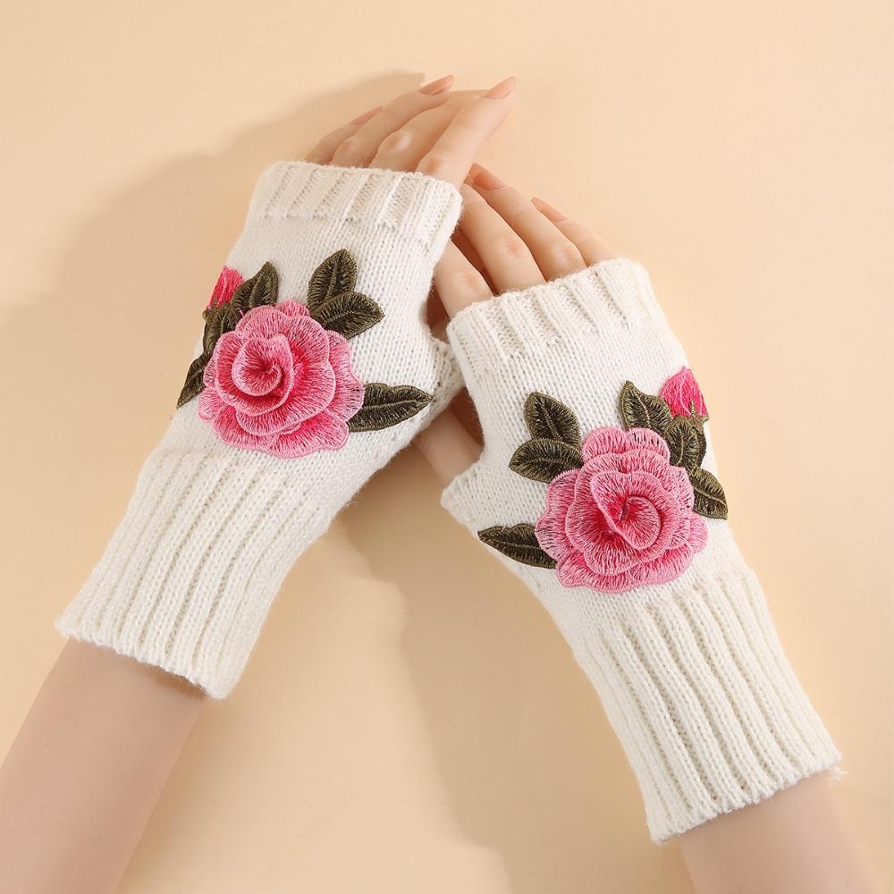 Vintage Embroidery Knitted Gloves Floral Fingerless Gloves Cute Crochet Flower Mittens Outdoor