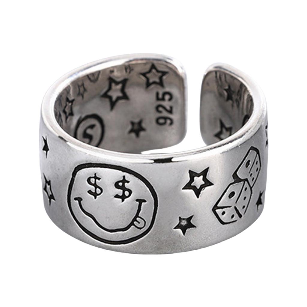Vintage Smile Face Poker Dices Star Opening Ring Adjustable Ring Jewelry for Fashion Enthusiasts and Retro Lovers