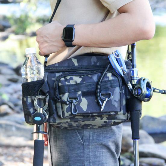 Waist Bag Fishing Gear Organizer Large Capacity Double-Layer Design Waterproof Crossbody Chest Bag with Fishing Pole Holder