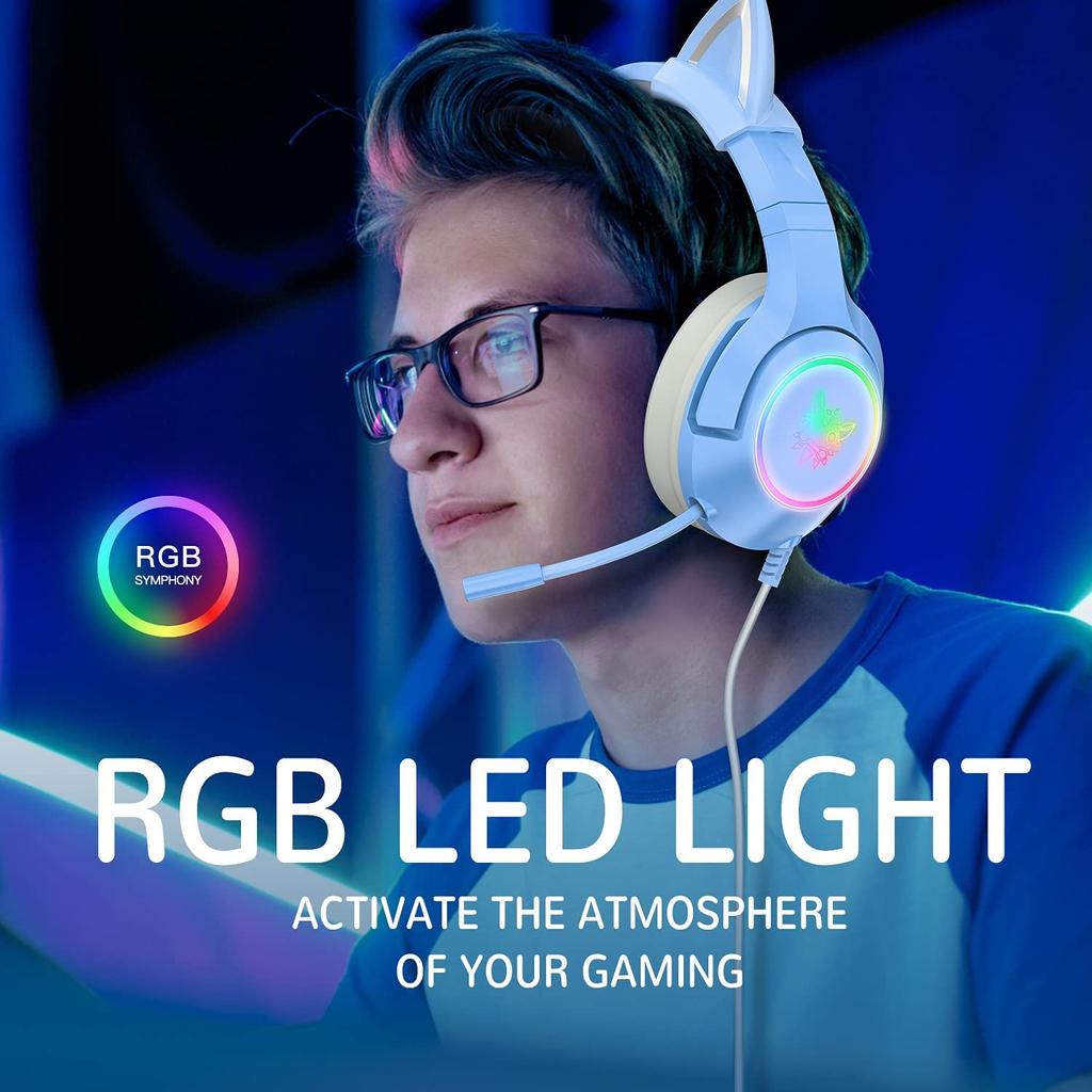 K9 Gaming Headset, Wired Over-Ear Headphones with Detachable Cat Ears, Noise Cancelling Microphone, RGB Backlight, Surround Sound for PC PS5 PS5 Xbox