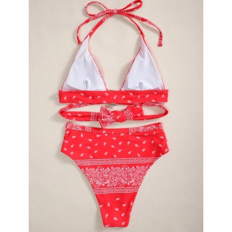 Женский бандо-бикини с принтом пейсли, с высокой талией, комплект из двух предметов, купальник с завязками на шее