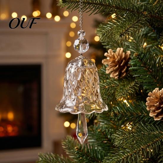 Festive Seasonal Hanging Art Faux Crystal Bell Suncatcher, Glass Prism Wind Chime Ornament, Clear Garden Ornament for Trees Christmas Tree Rainbow