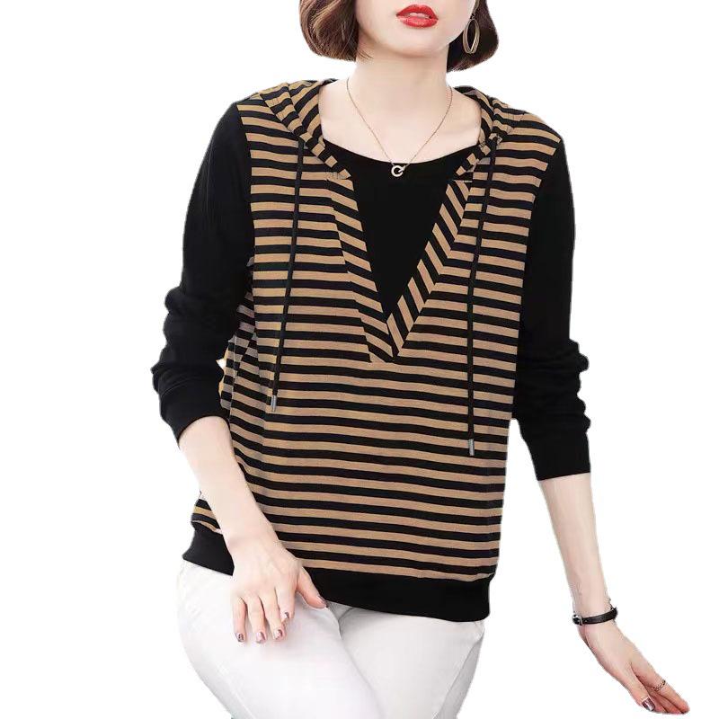 2023 Autumn Hooded Striped Patchwork Two-Piece Style Women's Loose Top