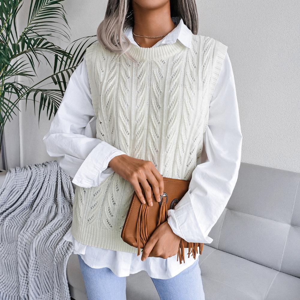 Женский осенне-зимний вязаный свитер с круглым вырезом и вырезом без рукавов, SL