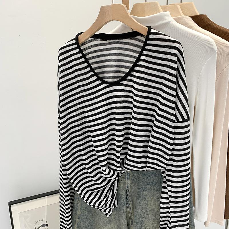 Футболка с длинным рукавом и защитой от солнца в полоску в стиле ленивой моды, женская тонкая свободная блузка большого размера