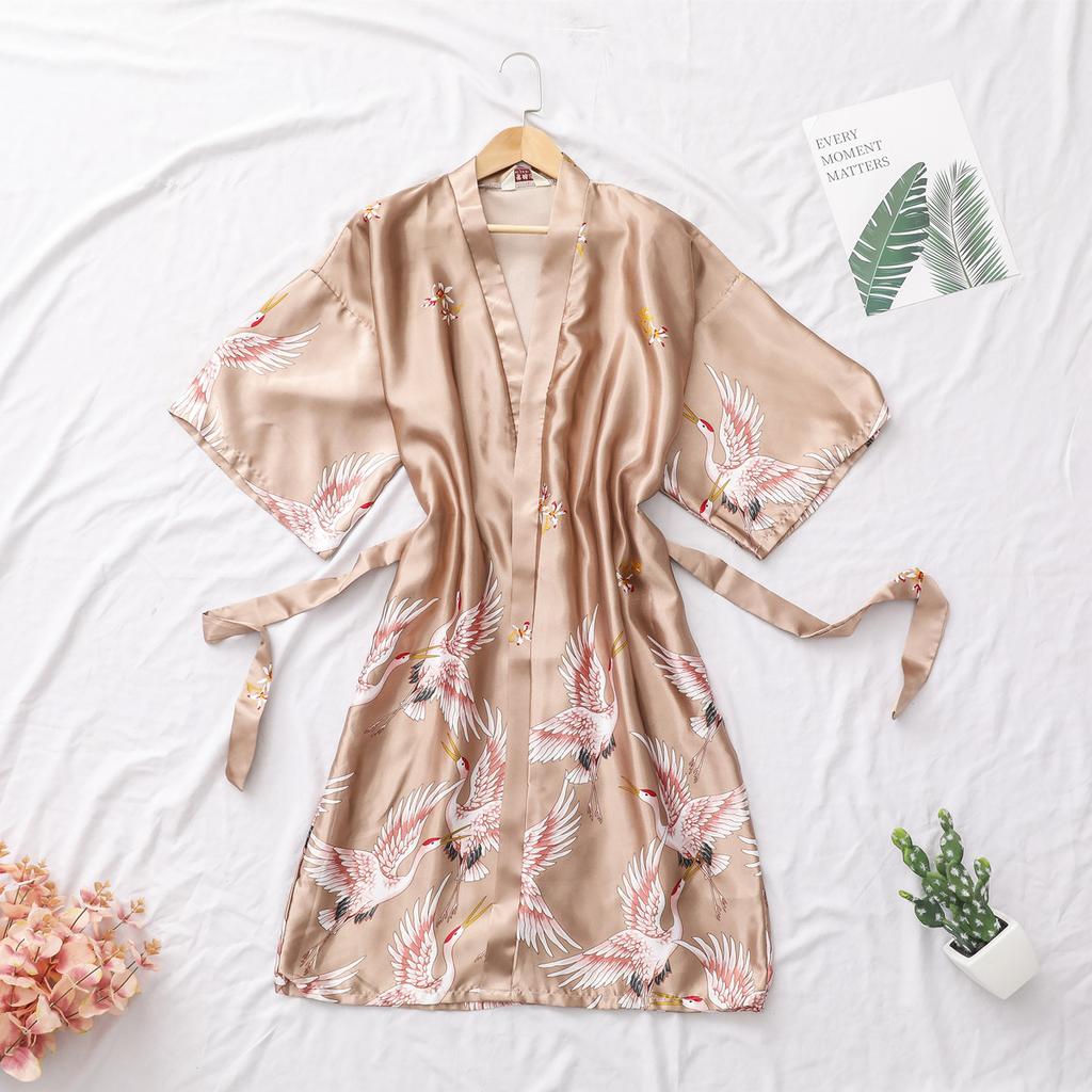 Sleeping Robe Cranes Printed Imitation Silk Single Robe Wedding Bridesmaid Morning Robe Home Increase Robe Fashion Temperament Elegant