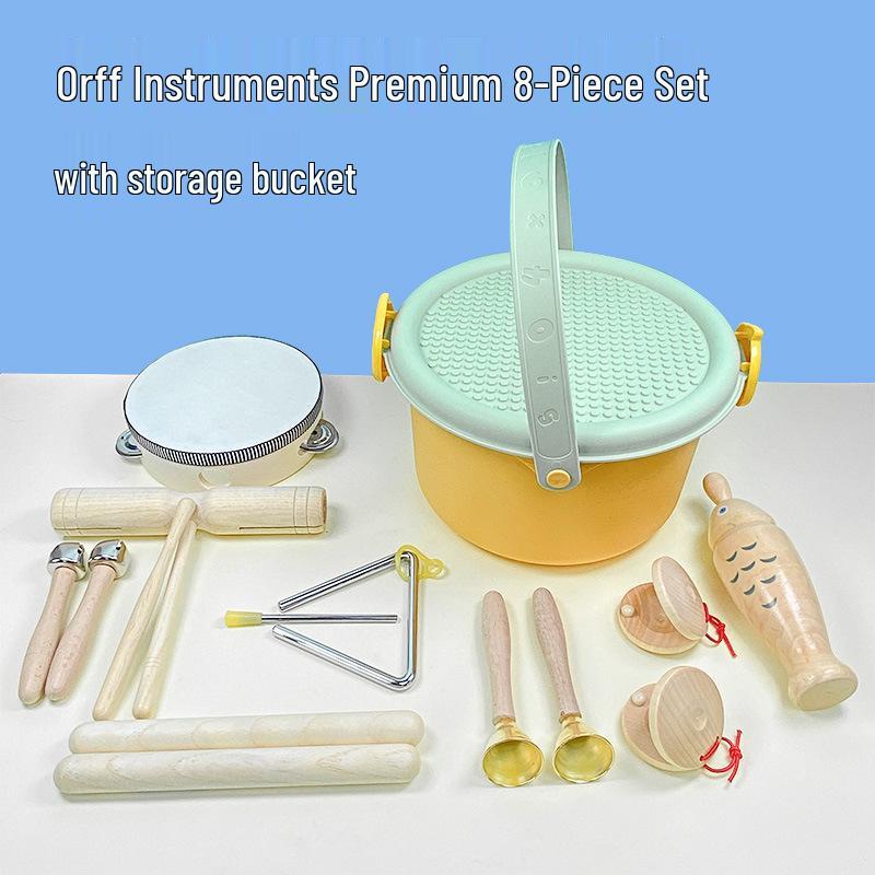 Детские музыкальные инструменты Орфа: Треугольник, Кастаньеты, Маракасы, Бубен, Деревянные бруски, Тарелки