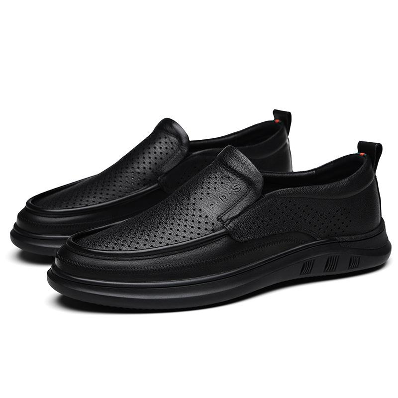 Genuine leather men's shoes 2025 summer new casual shoes punched hollow sandals versatile soft sole soft surface one pedal leather shoes