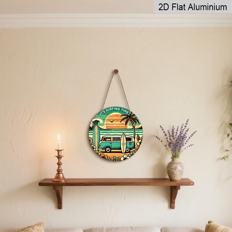 2D Flat, 1pc Round Aluminum Sign, "It's Surfing Time" Retro Beach Van Design, Vintage Surfing & Palm Tree Metal Wall Art, Ideal for Beach House