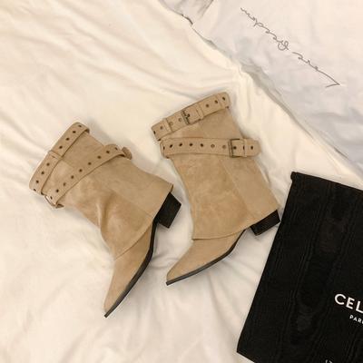 Версия из коровьей кожи! Брюки Spice Girls Короткие ботинки Женские толстые каблуки Майяр Средние ботинки Темперамент Заостренный Скинни Рыцарские ботинки Мартин