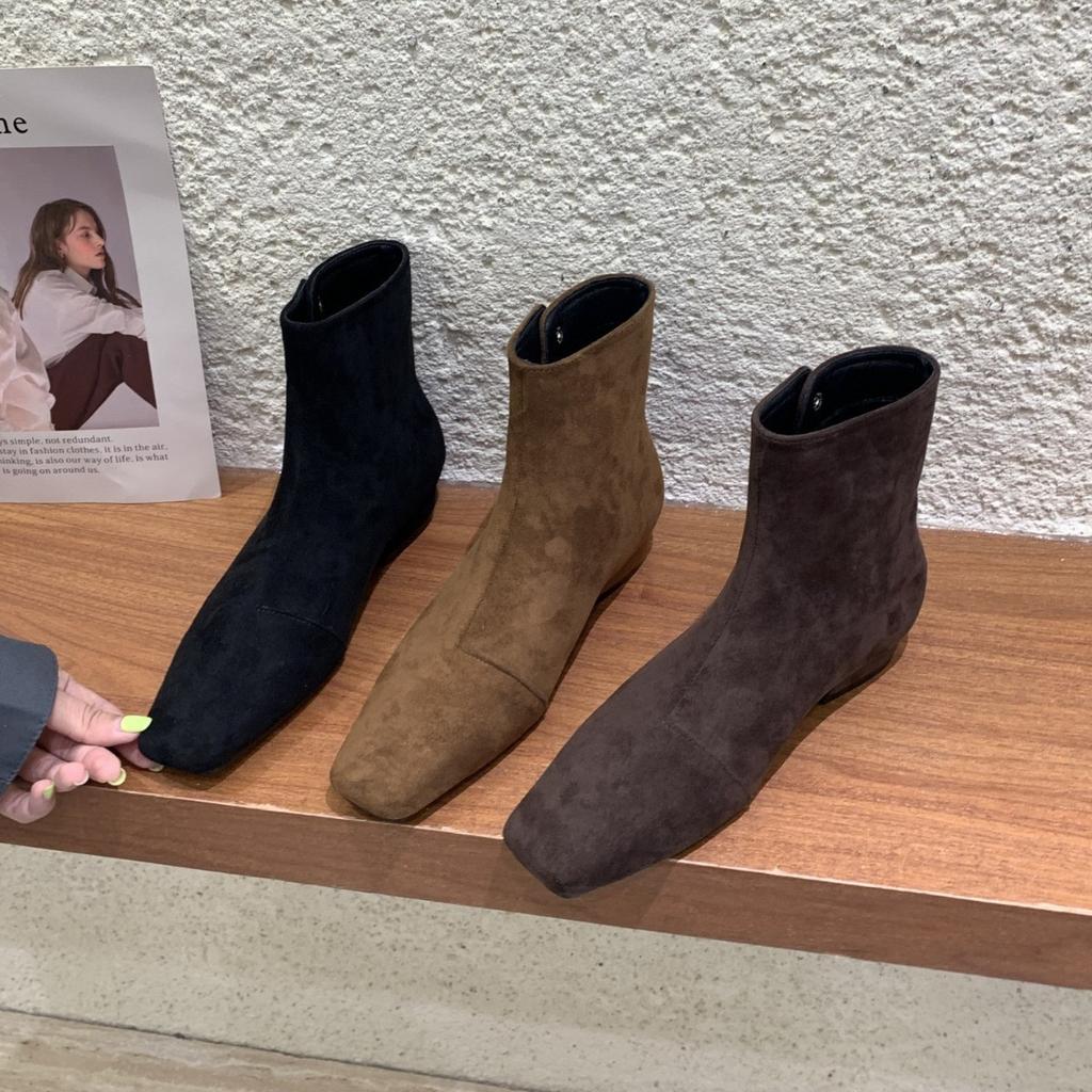 French square head thin boots women's 2025 super fire small short boots Maillard brown low heel knight boots black short boots