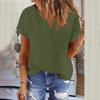 Solid Color Lace Hollow Pleated Top V-Neck Pullover Short Sleeved T-Shirt For Women