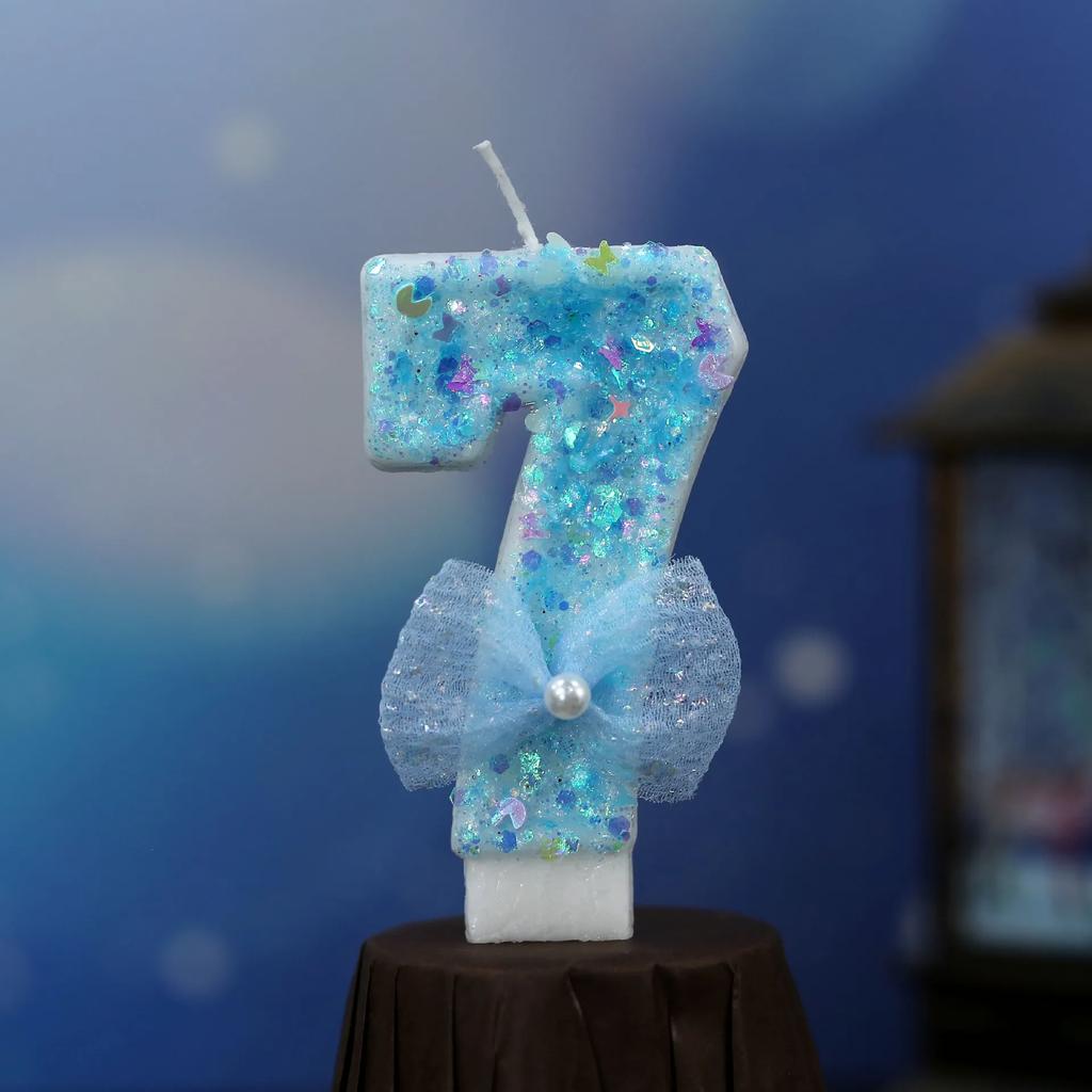 Y 3D Blue Bow Sparkling Number Candles - Birthday Cake Topper with Glitter Accents, Kawaii Party Decor for Birthdays/Weddings