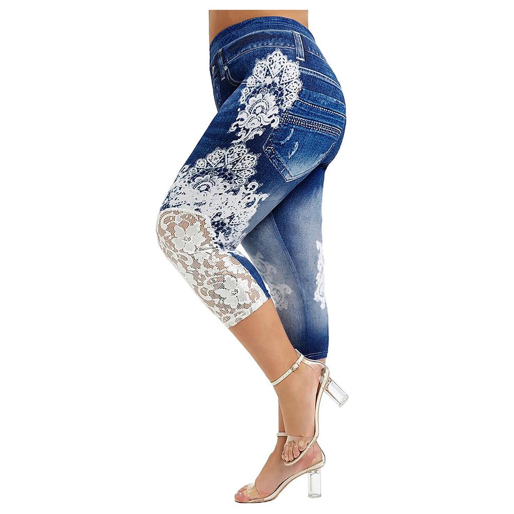 Fashion Women Plus Size Lace Printing Splice Elastic Waist Casual Leggings Pants