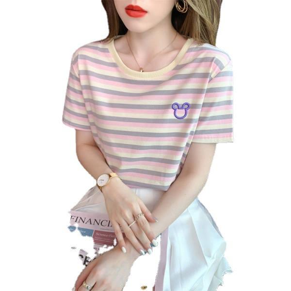 2026 summer new round neck short-sleeved women's t-shirt embroidery tide Korean version loose versatile age-reducing striped top and clothing ins