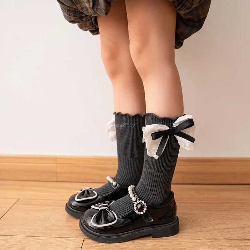 Girl Spring Autumn New Lace Bow Socks Korean Academy Style Student Children Mid Length Socken Baby Princess Kid Cotton Stockings