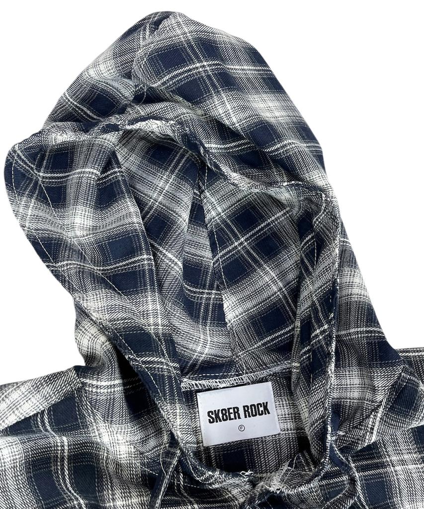 SK8ER ROCK Cross Cut-Off Tartan Check Hoodie Shirt ((Navy))