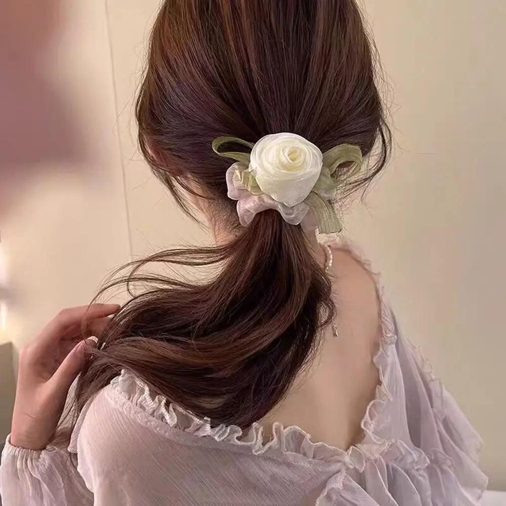 High Elasticity Mesh Yarn Hair Rope Yarn Hair Accessories Trendy Rose Flower Hair Ring