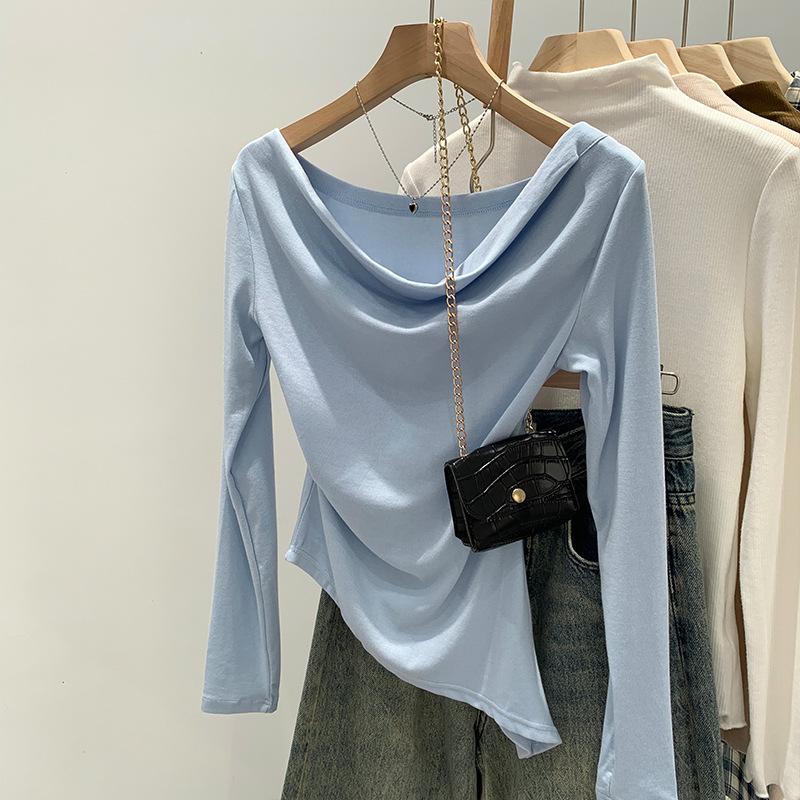 Приталенный топ с асимметричным отложным воротником на плечо, женский осенний новый, милый и пикантный, универсальная базовая футболка с длинным рукавом