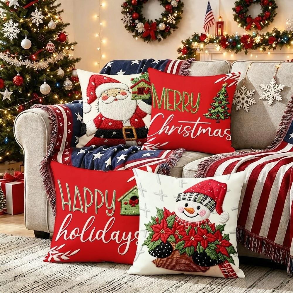2D Printed Throw Cushion Case Tree Snowman Pillow Cover Santa Pillow Cover Living Room