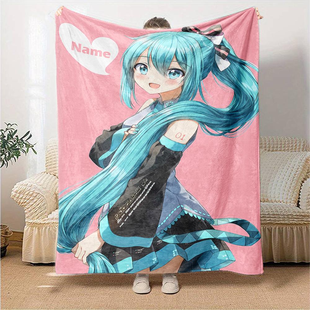 Custom Name Hatsune Miku Theme Printed Blanket - Perfect for Couch, Bed, Travel & Outdoor Use | Machine Washable, Cozy & Durable.