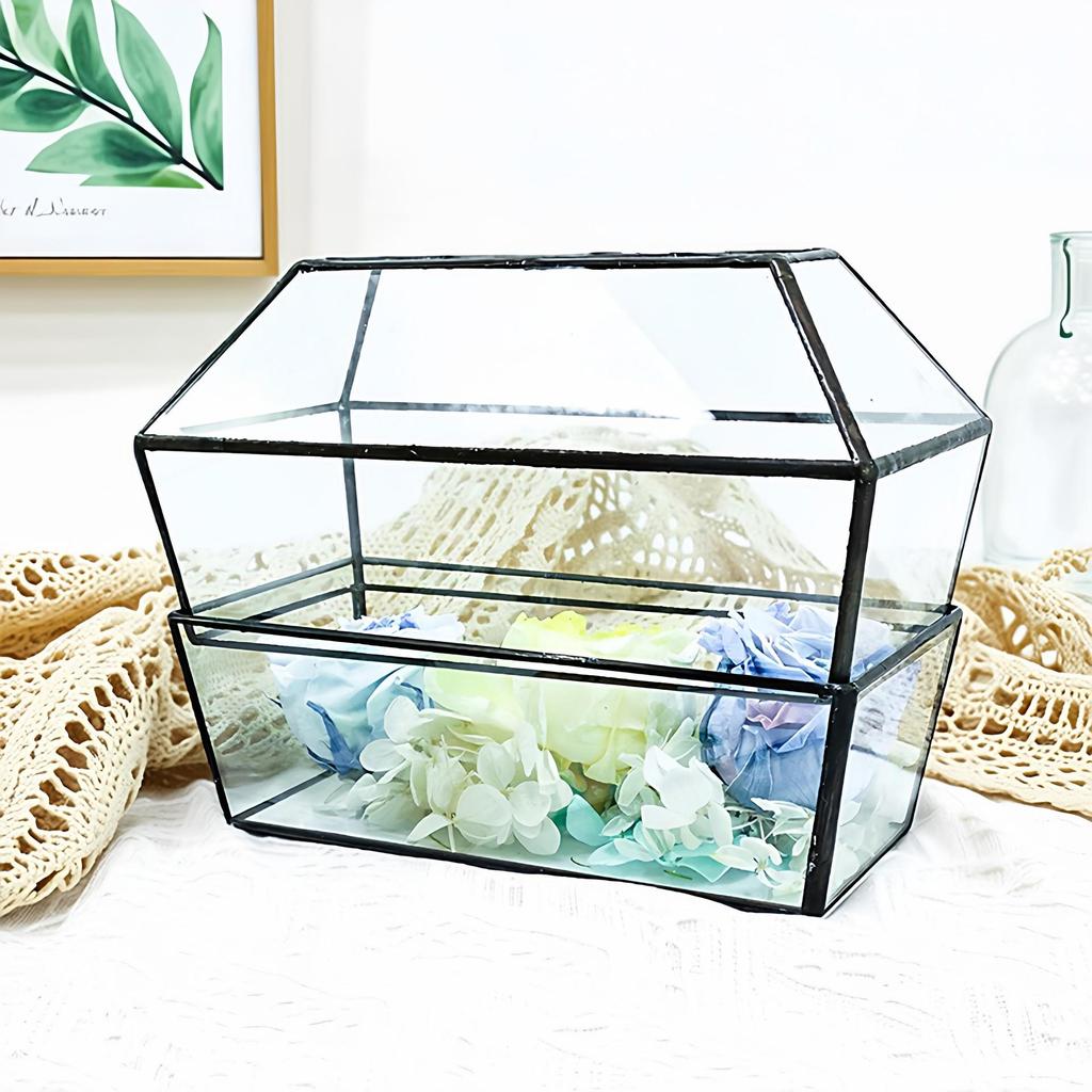 Geometric Glass Greenhouse: Preserved Flower & Moss Succulent Display for Home & Restaurant Decor